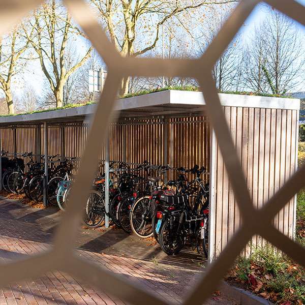 Individuell geformte Fahrradabstellanlage für ein modernes Wohngebäude