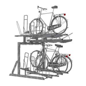 Etage-fietsenrek FalcoLevel Eco met aanbindvoorziening voor extra beveiliging, geschikt voor dubbele parkeercapaciteit op dezelfde oppervlakte.
