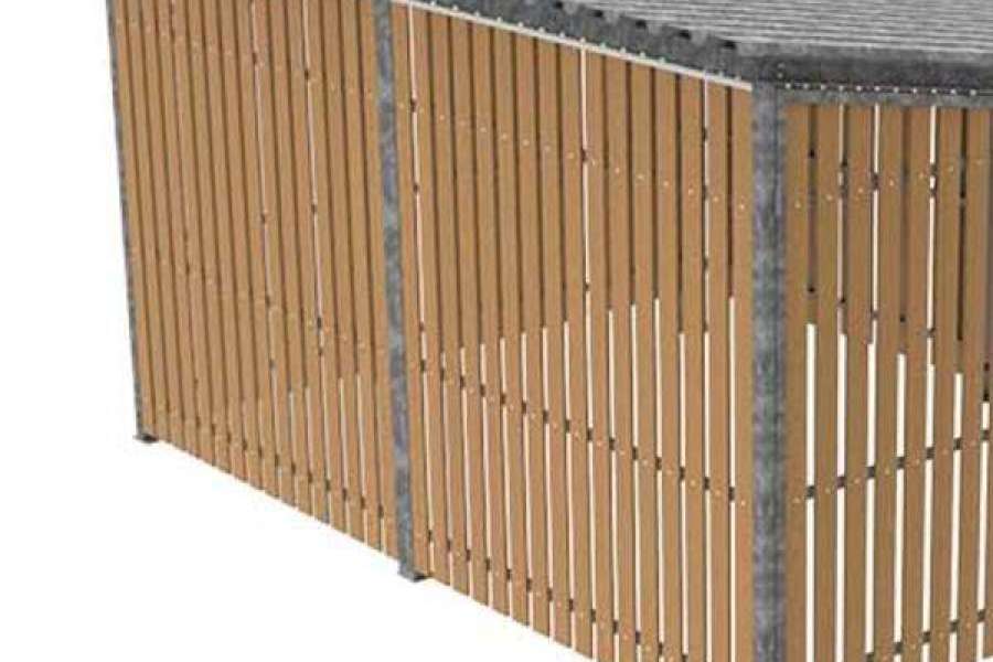 FalcoLempo berging met robuuste staalconstructie en duurzame FSC® gecertificeerde hardhouten wanden, ideaal voor veilige fietsopslag en andere opslagbehoeften.