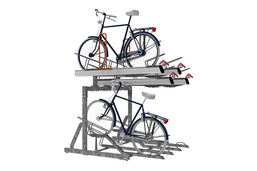 Afbeelding van het FalcoLevel Premium+ etagerek met aanbindvoorziening voor extra beveiliging en duurzaamheid in fietsenstallingen.