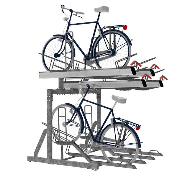 Afbeelding van het FalcoLevel Premium+ etagerek met aanbindvoorziening voor extra beveiliging en duurzaamheid in fietsenstallingen.