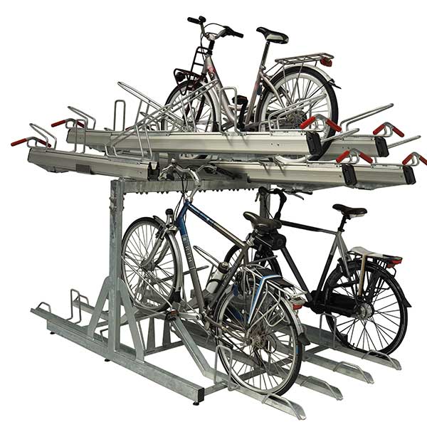 Afbeelding van het FalcoLevel Premium+ etagerek met aanbindvoorziening voor extra beveiliging en duurzaamheid in fietsenstallingen.