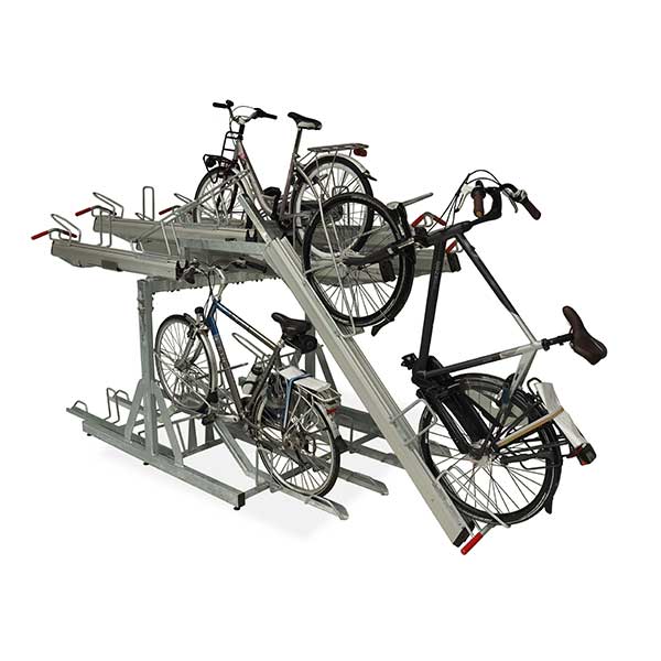 Afbeelding van het FalcoLevel Premium+ etagerek met aanbindvoorziening voor extra beveiliging en duurzaamheid in fietsenstallingen.