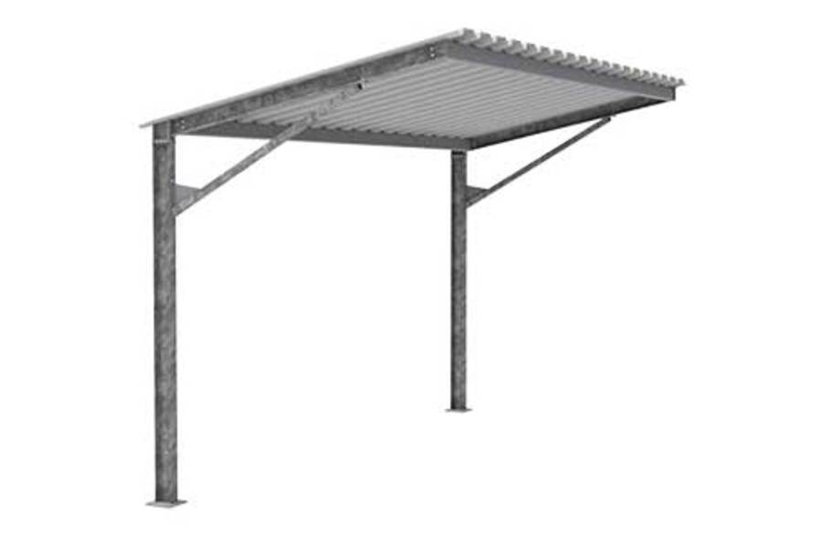 Afbeelding van de FalcoLempo enkelzijdige fietsoverkapping zonder voorste kolommen.