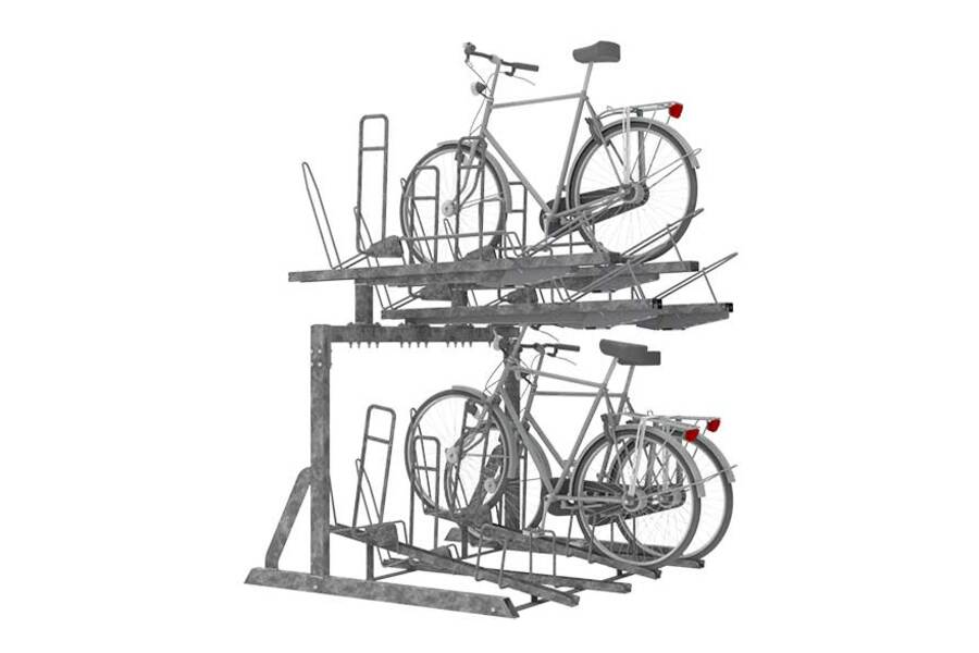 Etage-fietsenrek FalcoLevel Eco met aanbindvoorziening voor extra beveiliging, geschikt voor dubbele parkeercapaciteit op dezelfde oppervlakte.