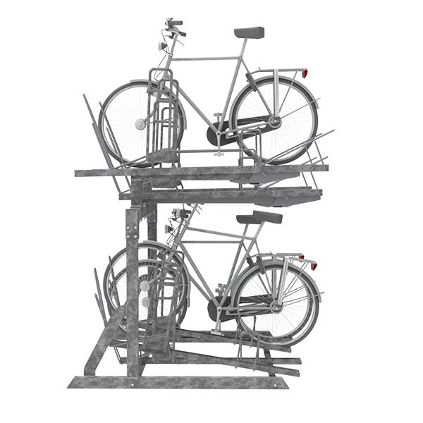 Etage-fietsenrek FalcoLevel Eco met aanbindvoorziening voor extra beveiliging, geschikt voor dubbele parkeercapaciteit op dezelfde oppervlakte.