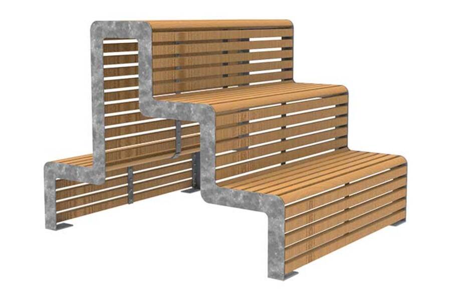 Rendering van de dubbelzijdige FalcoLinea Tribunebank, met dubbele zitplaatsen, duurzaam staal en FSC® gecertificeerd hardhout