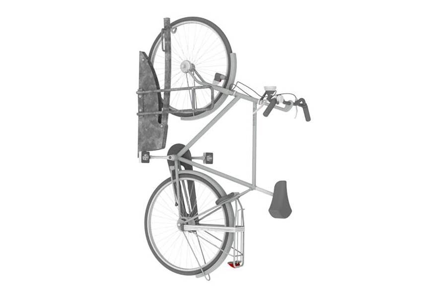 Vrijstaande rendering van de FalcoMaat 2.0 fietslift met ingebouwde aanbindvoorziening voor veilig en ruimtebesparend fietsparkeren.